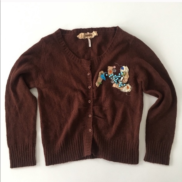 Free People Cropped Embellished Cardigan Wool S - Picture 6 of 8